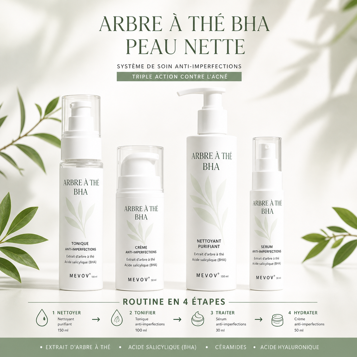Private Label Salicylic Acid BHA Tea Tree Oil Control Cleanser Toner Acne Cream and Serum anti Acne Skincare Set