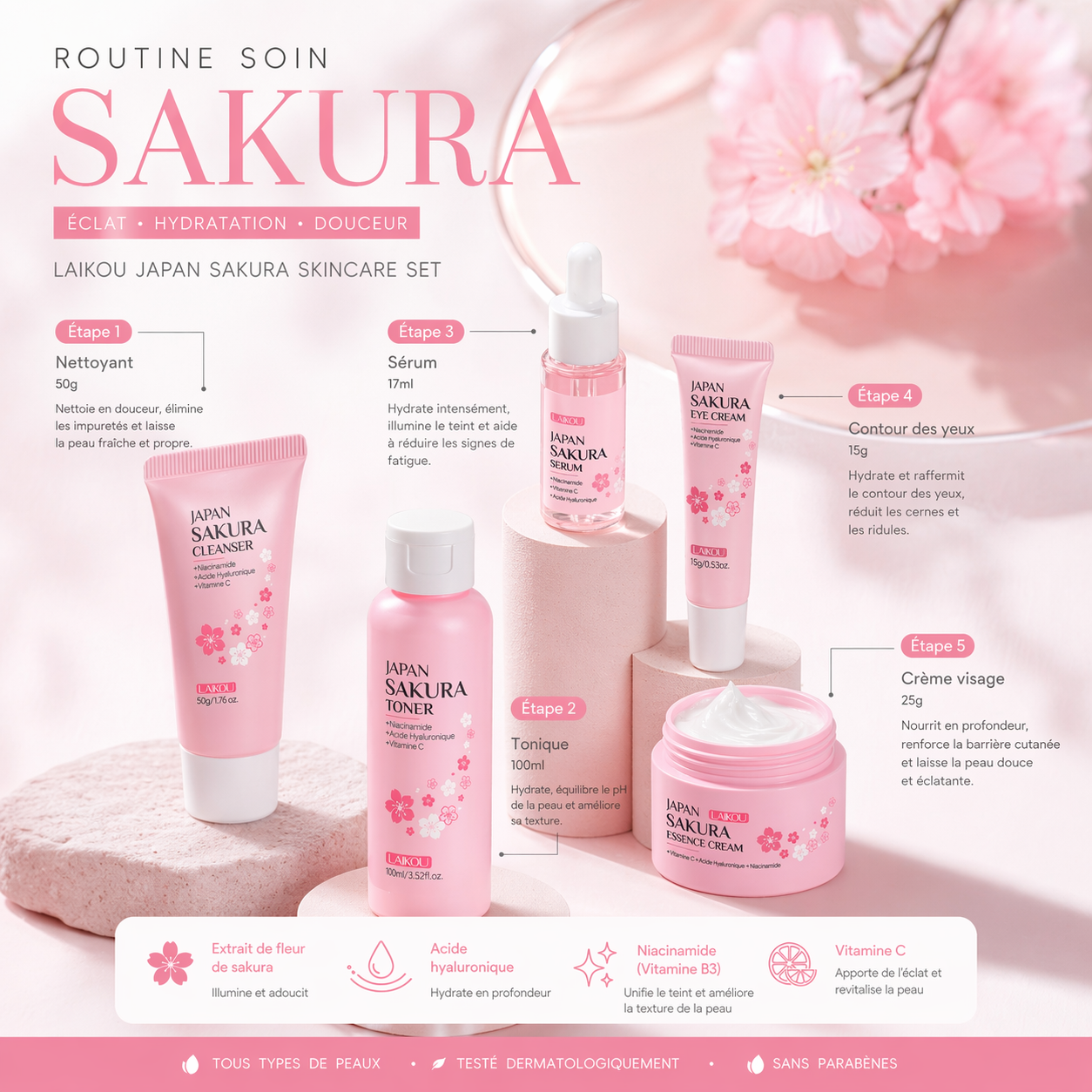 Coffret Soin Visage Sakura Japonais — Routine Éclat & Hydratation 5 Soins