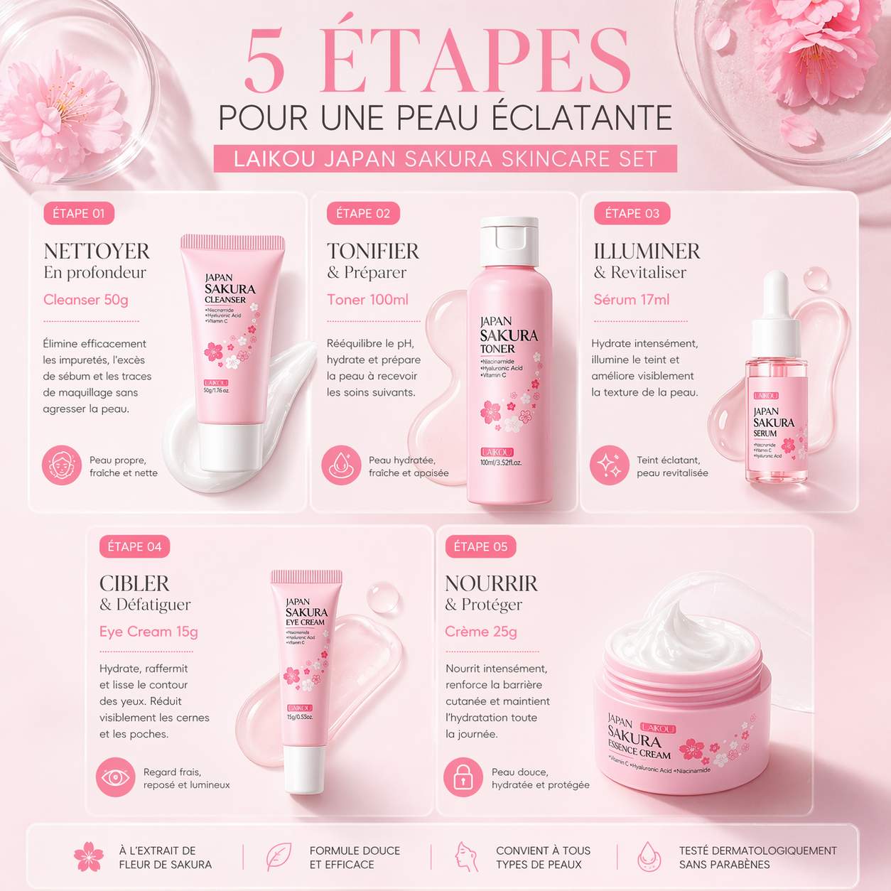 Coffret Soin Visage Sakura Japonais — Routine Éclat & Hydratation 5 Soins